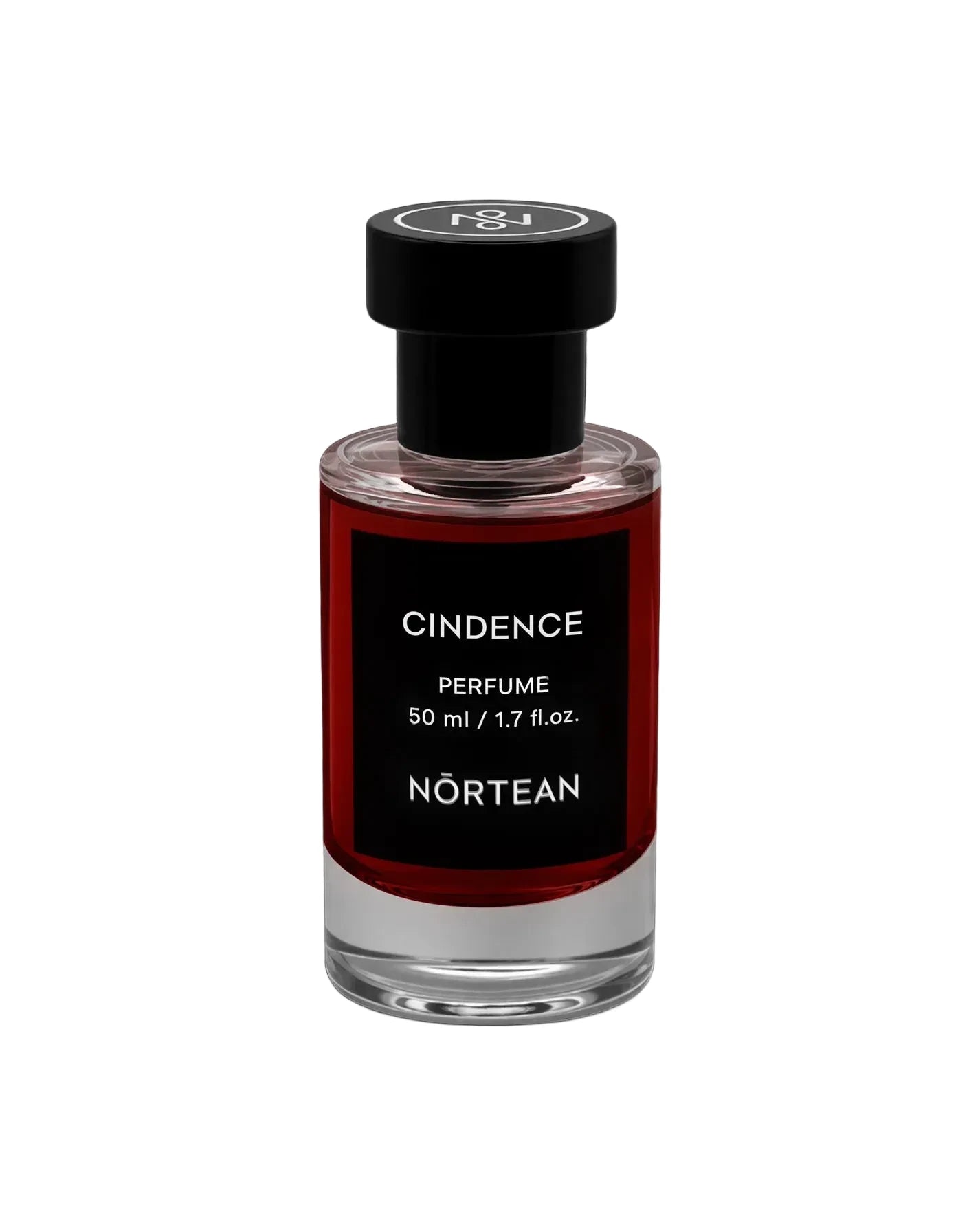 Perfume bottle labeled 'Cindence' by 'Nortean' on a black background